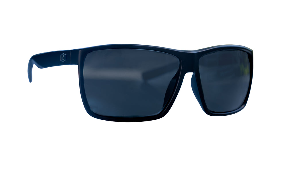 Mutiny floating sunglasses, gunmetal frame with smoke polarized lens, side view