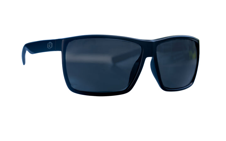 Mutiny floating sunglasses, gunmetal frame with smoke polarized lens, side view